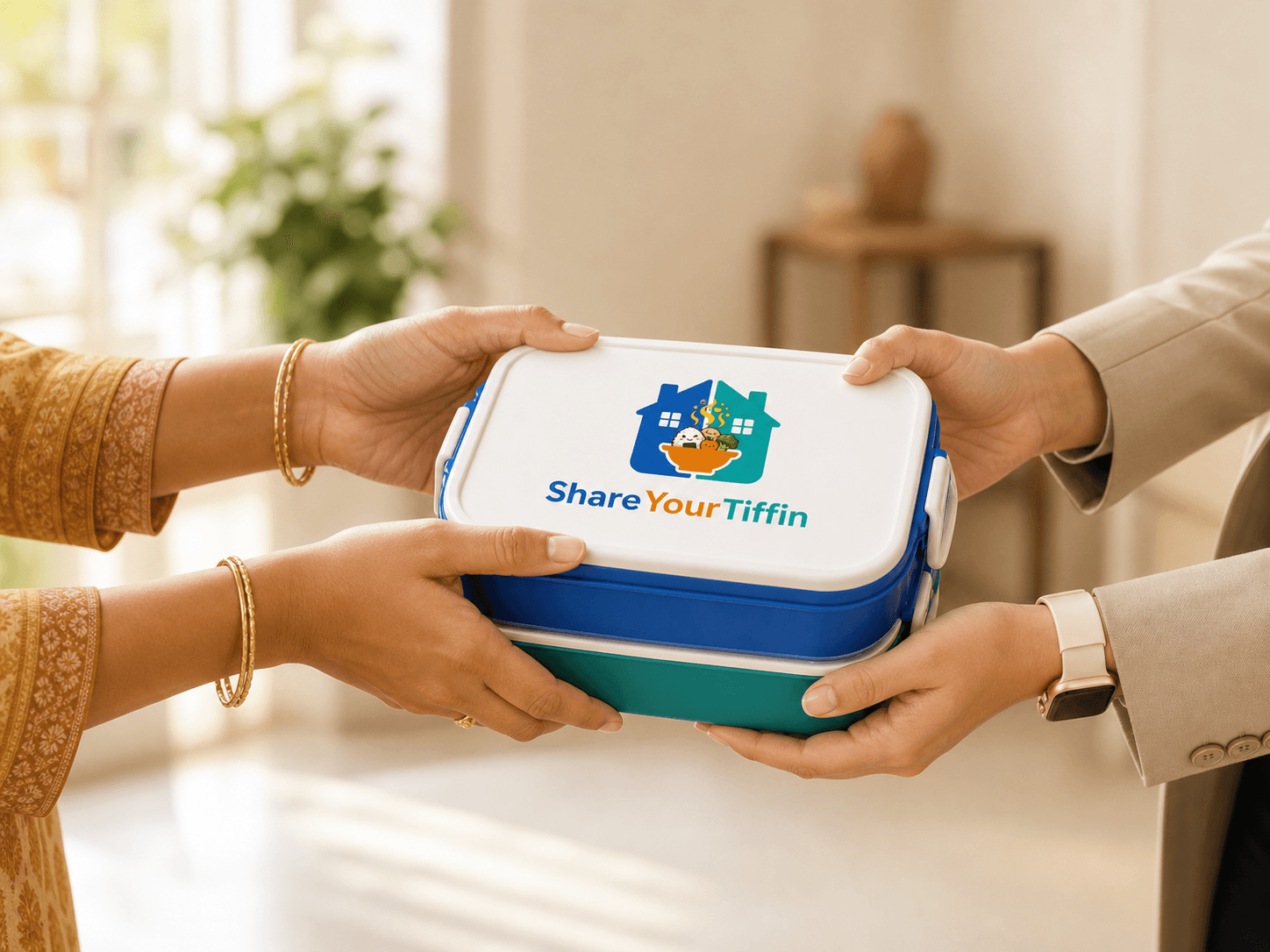Two women exchanging a ShareYourTiffin lunchbox